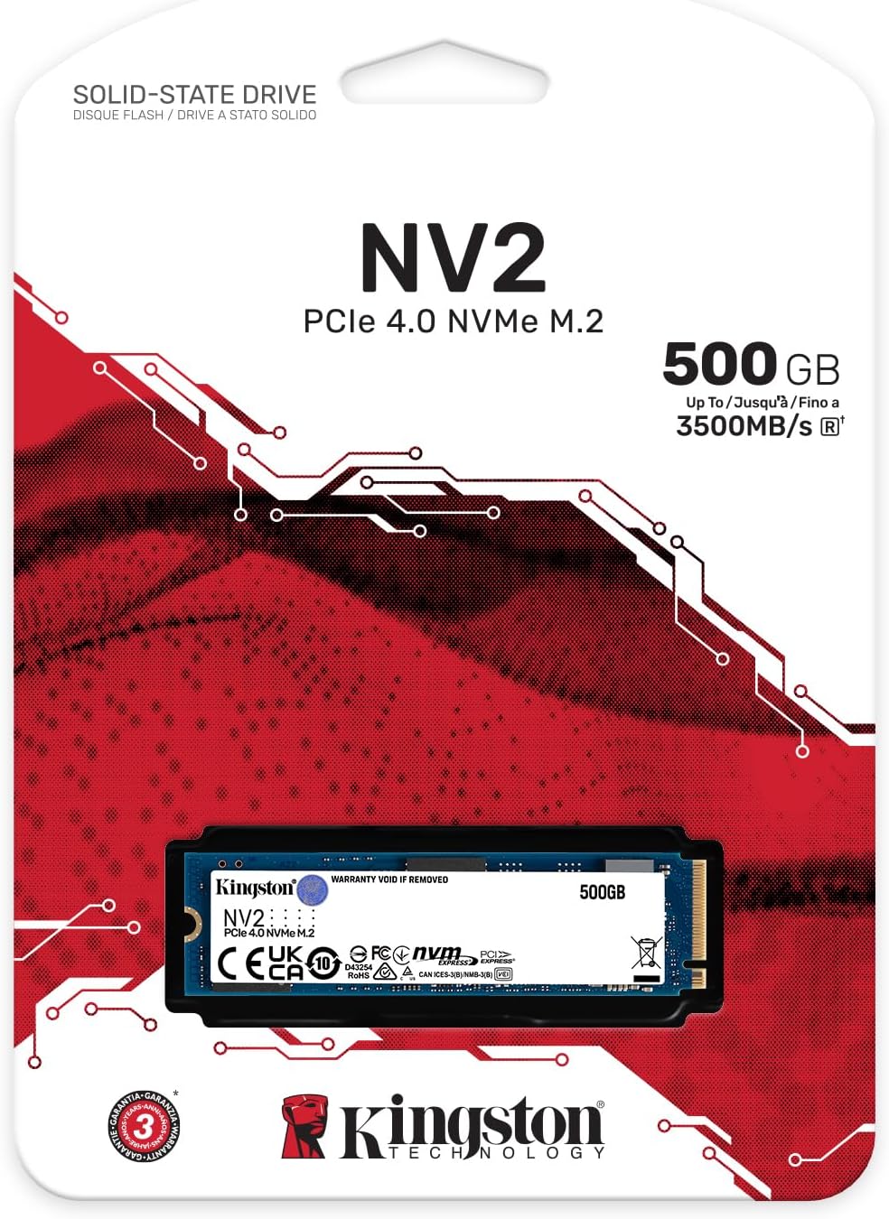 Kingston SSD NV2, Capacidad: 500 GB, Factor de Forma: M.2 2280, Interfaz: NVMe PCIe Gen 4.0 x 4 Carriles, Lectura: 3500MB/s y Escritura: 2100MB/s